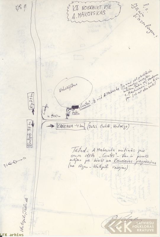 A hand-drawn map providing information, how to find the folklore informant Alma Makovska