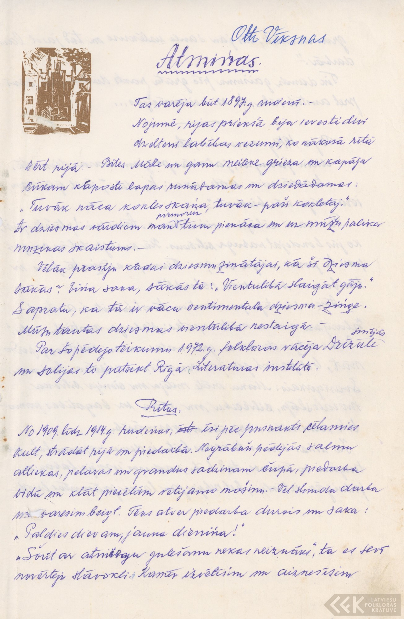 First manuscript page: Memories of Otto Vīksna