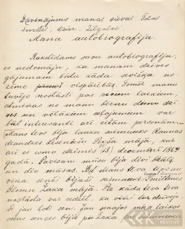 First manuscript page: Autobiography of Pēteris Šmits