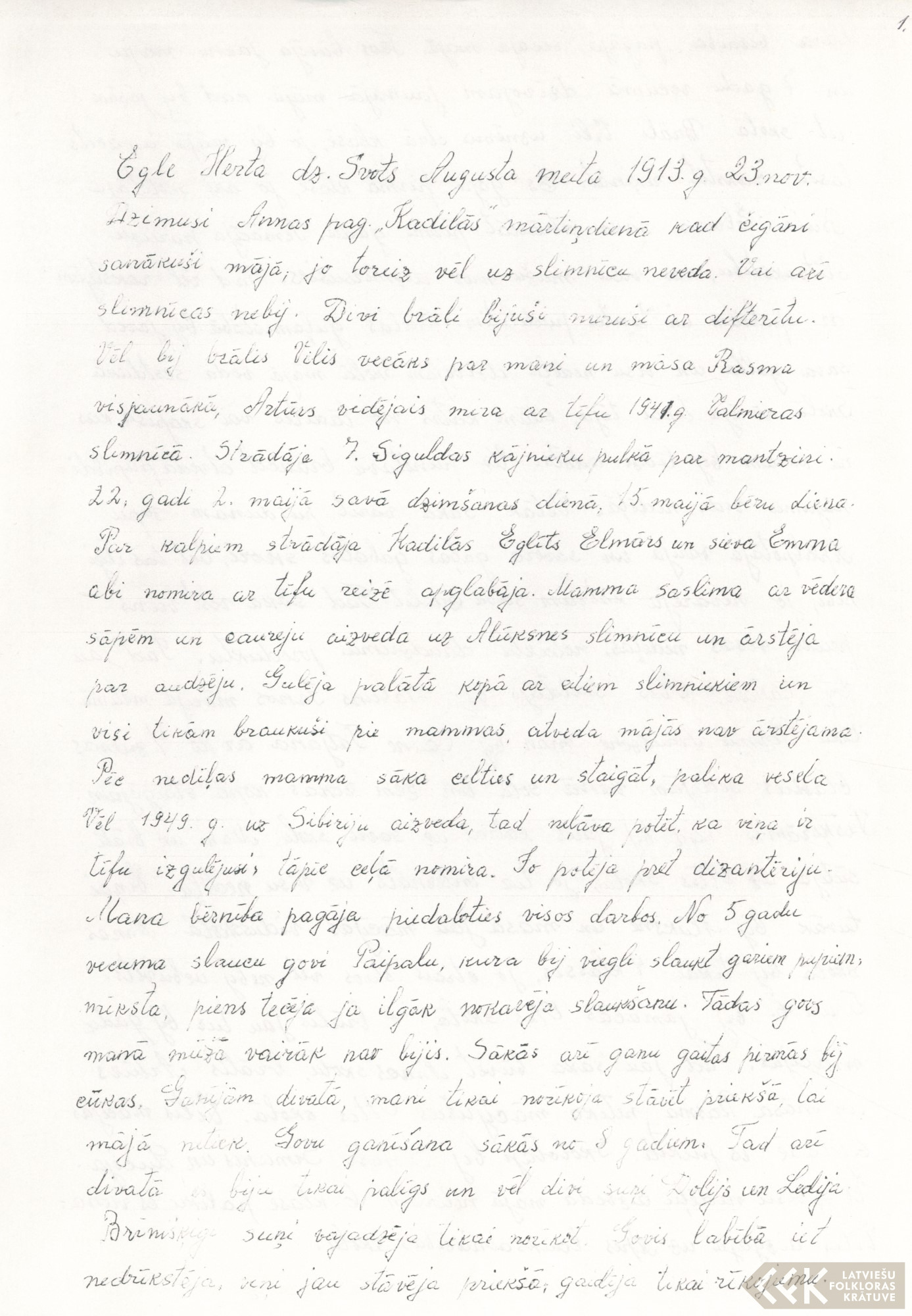 First manuscript page: Life story of Herta Egle