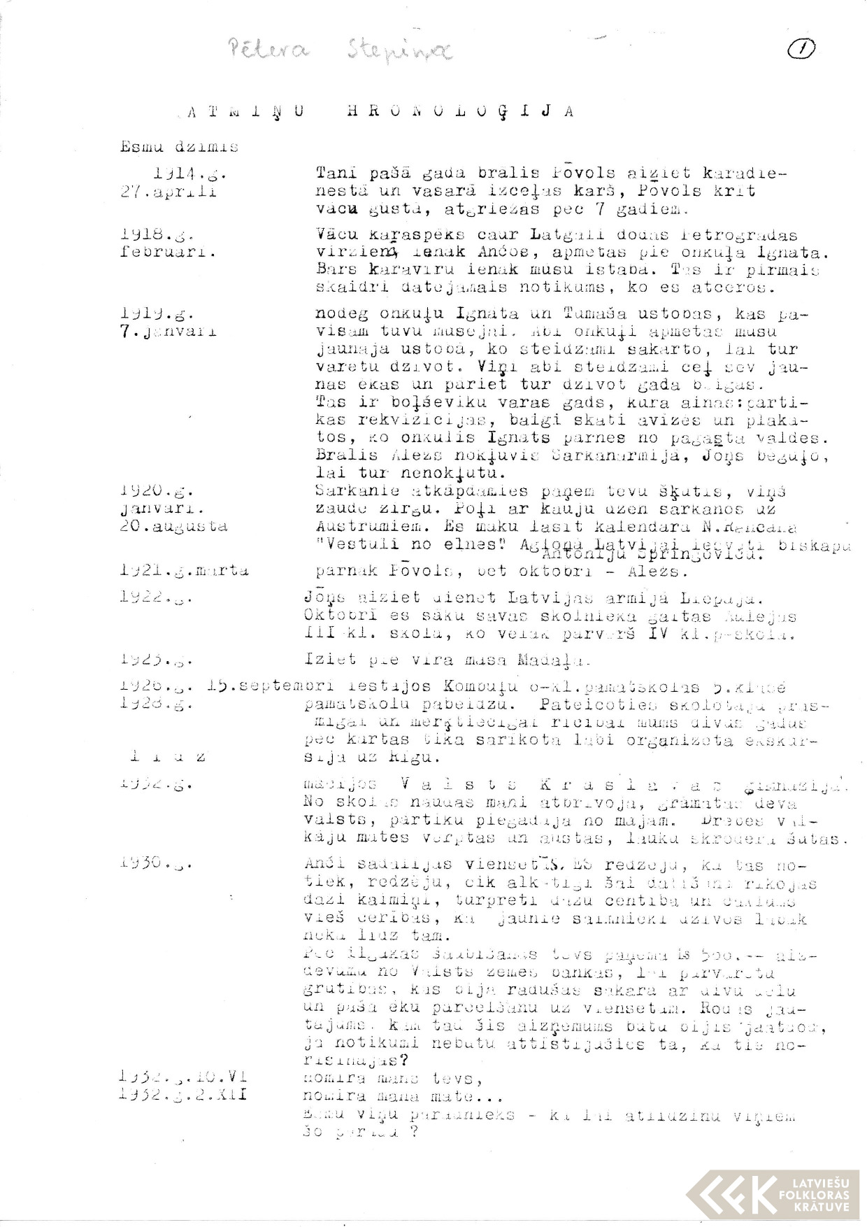First manuscript page: Memories of Pēteris Stepiņš