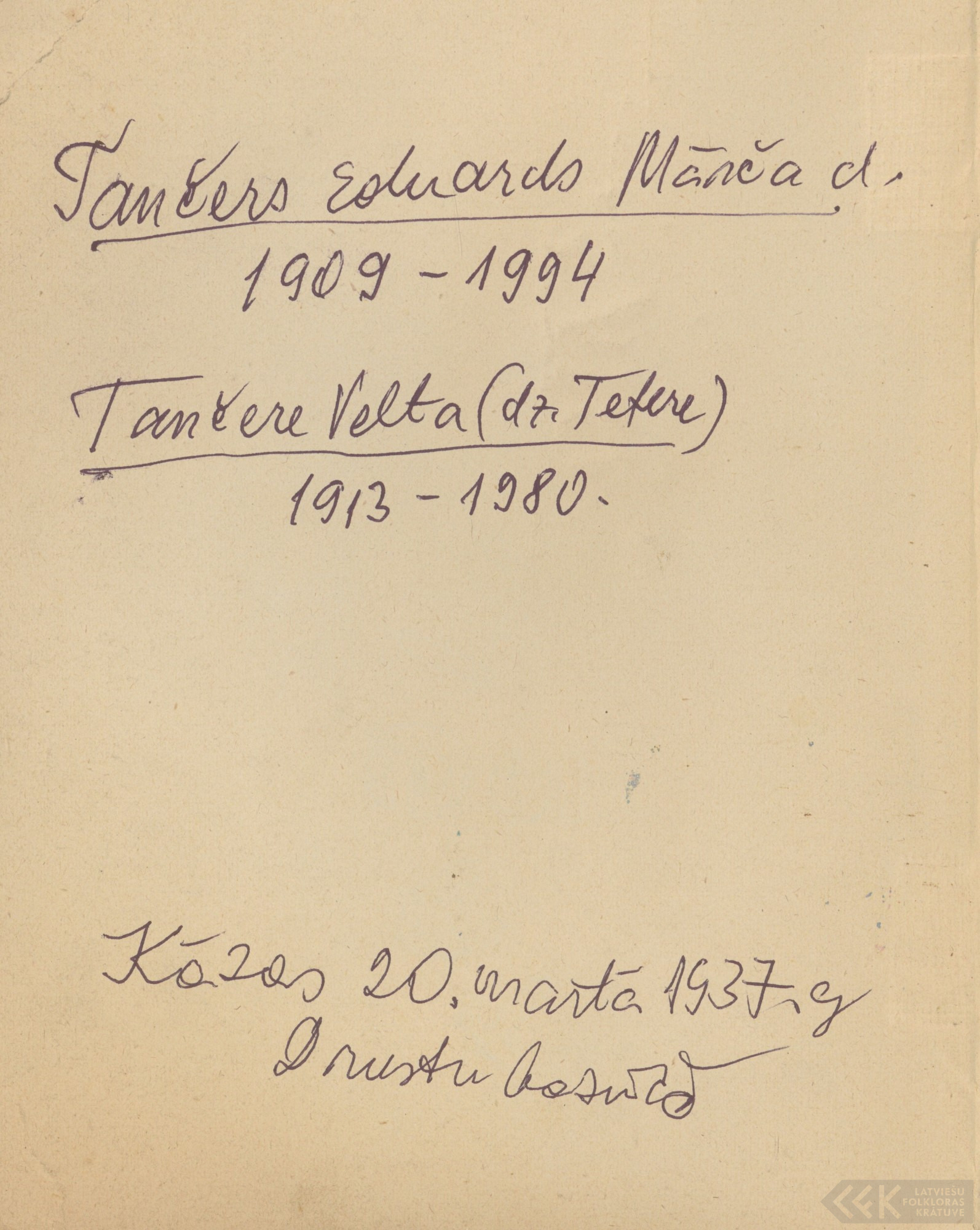 First manuscript page: Letters by Eduards Tančers