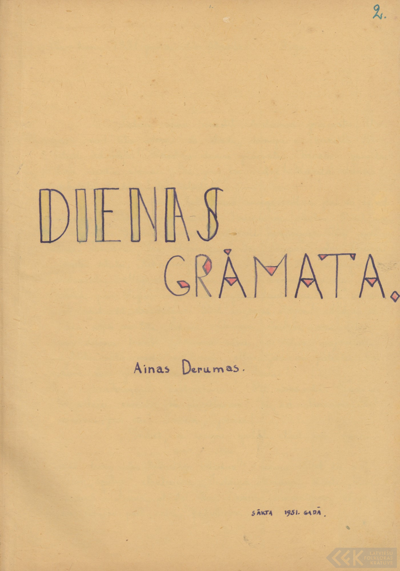 First manuscript page: Diaries by Aina Eglīte