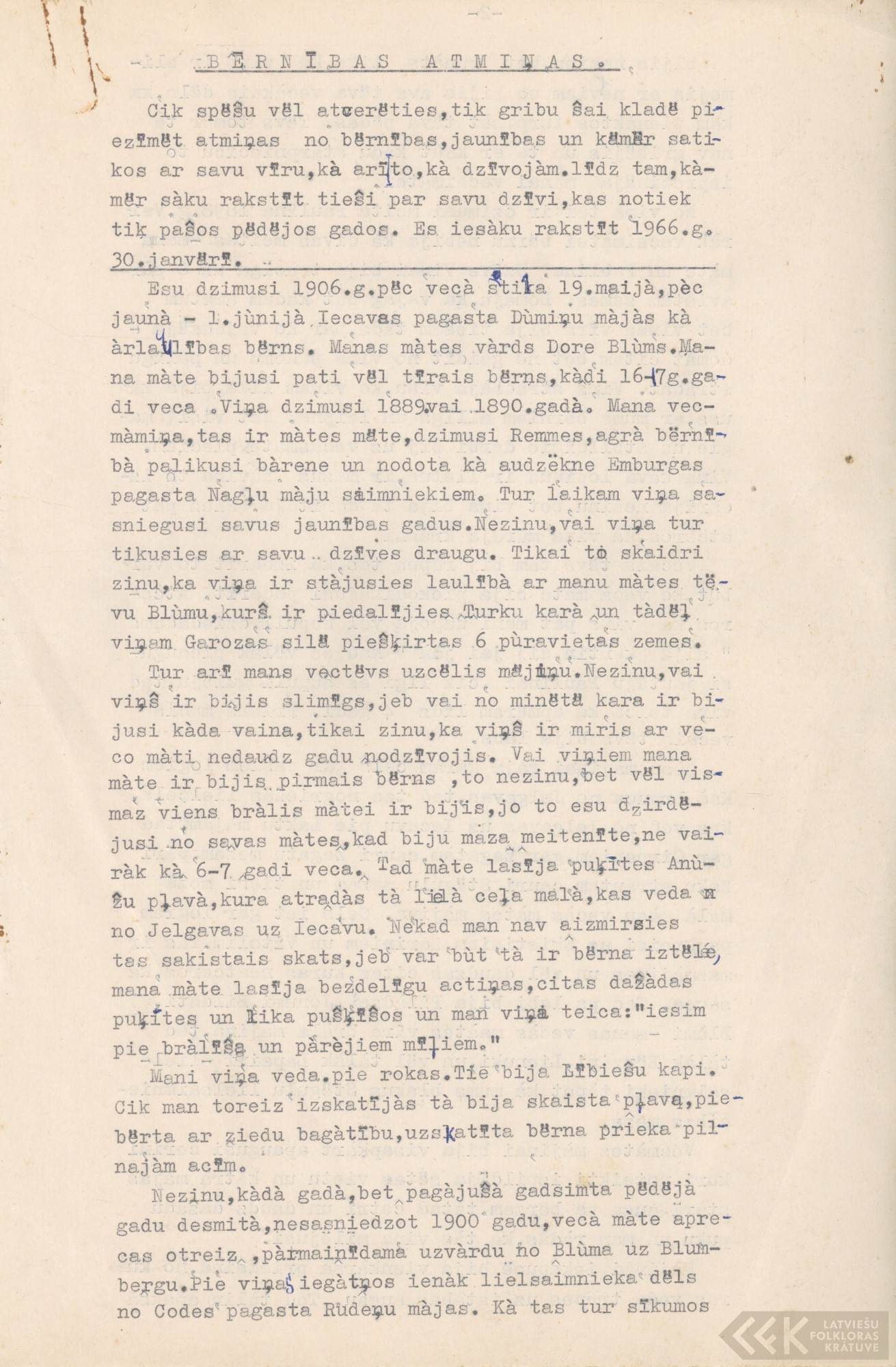 First manuscript page: Autobiographical materials of Zelma Indriksone