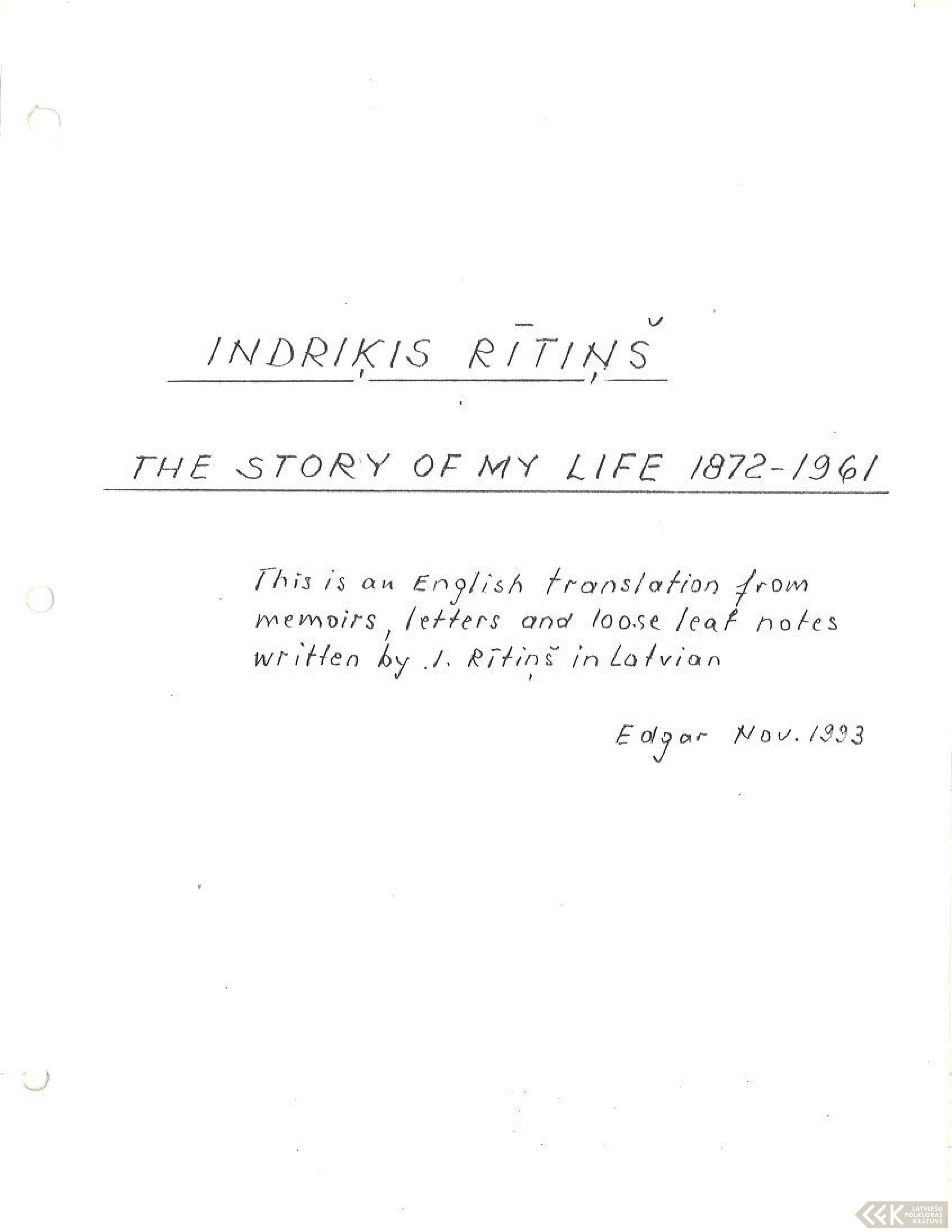 First manuscript page: Life story of Indriķis Rītiņš