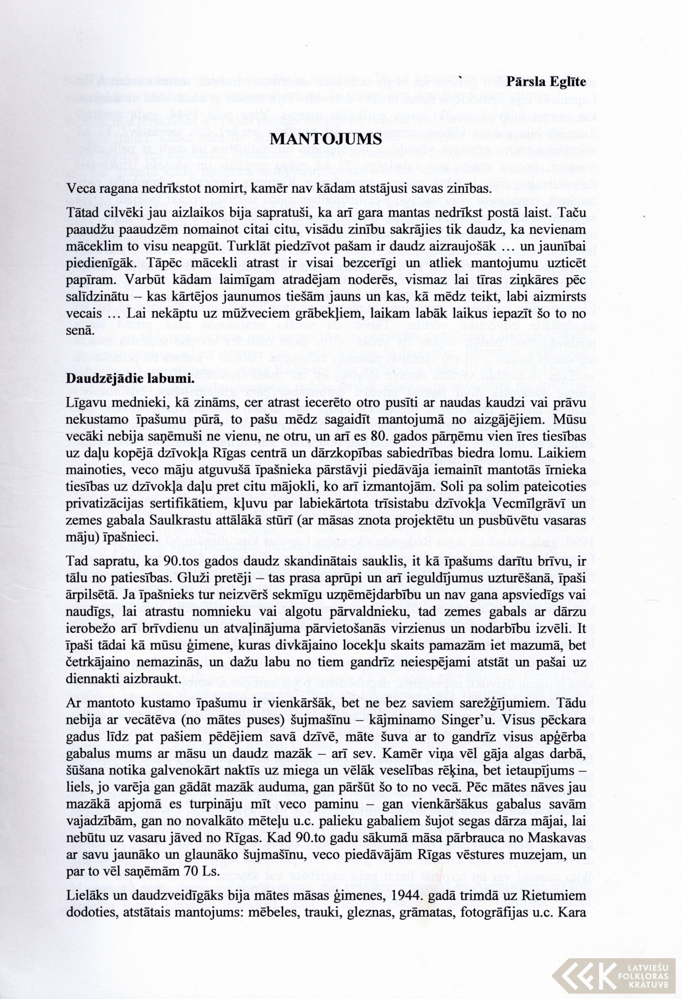 First manuscript page: Autobiography by Pārsla Eglīte
