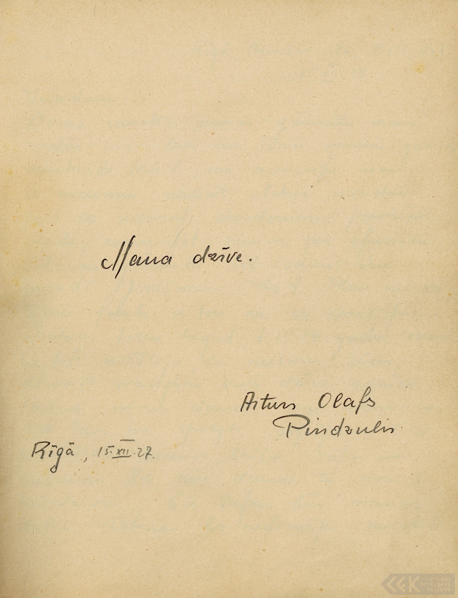 First manuscript page: Diary by Arturs Olafds Pindzulis